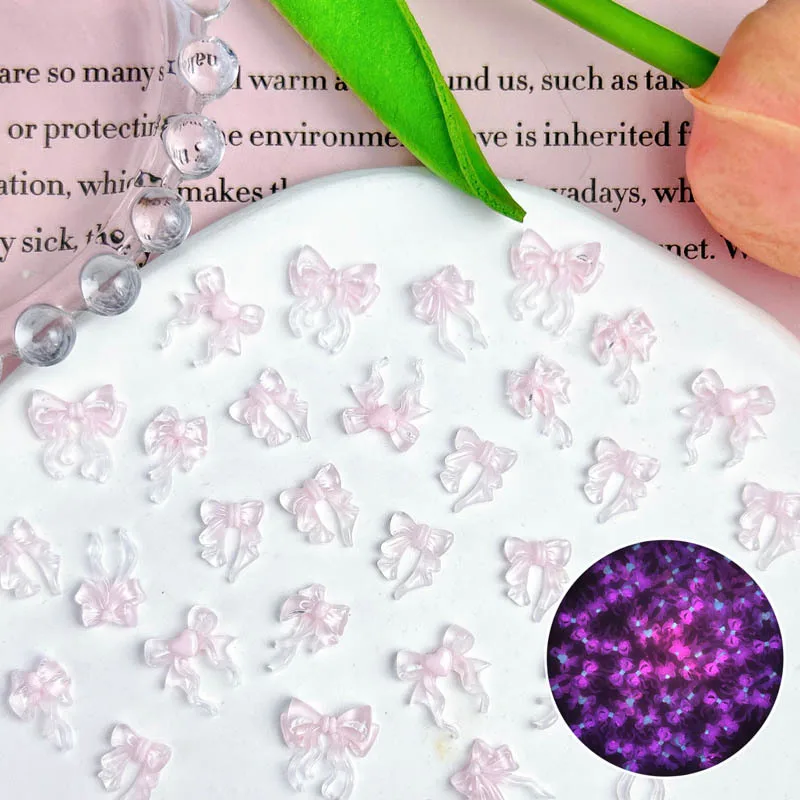 30PCS 3D Rosa Weiß Harz Band Bogen Nail art Charms Aurora Bowknot Süße Stil Nagel Dekorationen DIY Nagel Telefon fall Zubehör