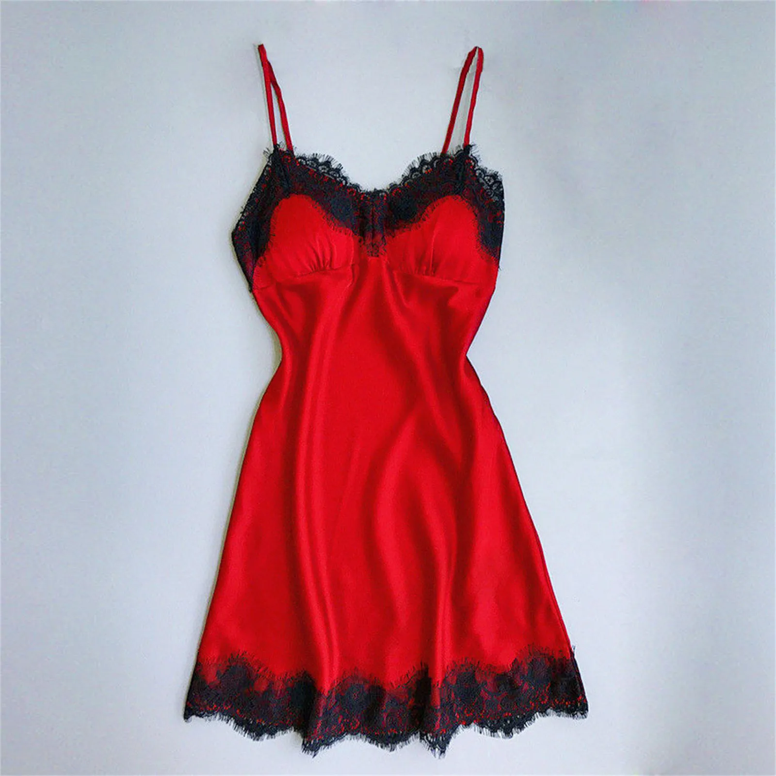 Summer Sexy Lace Trim Satin Sleepwear Sexy Lingeries Women\'s Red Sleeveless Cross Back Sleepwear Deep V Neck Nightwear Dress