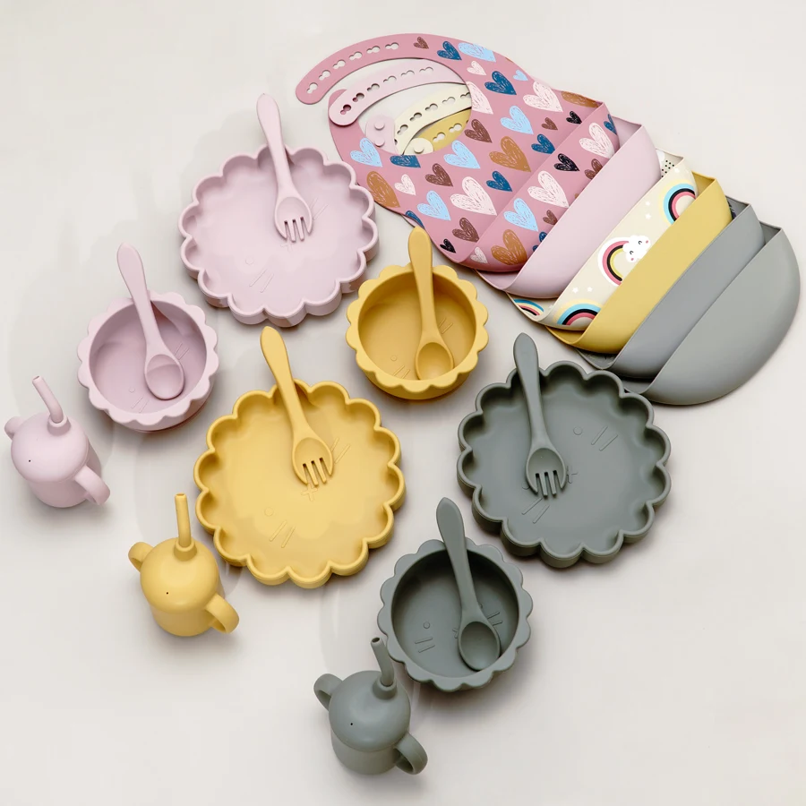 BPA Free Silicone Feeding Set Foldable Baby Cartoon Bibs Toddler Sucker Bowl Infant Cup Training Spoon Fork With Wooden Handle.