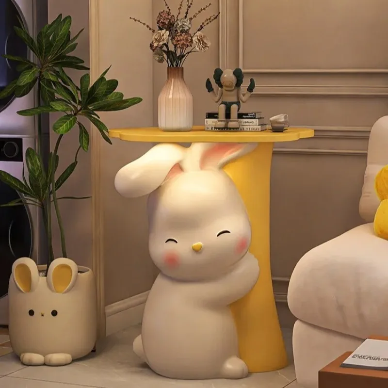 Cartoon Bunny Side Table, Resin Cute Animal End Table, Cream White Nightstand with Storage, Whimsical Furniture for Kids Room