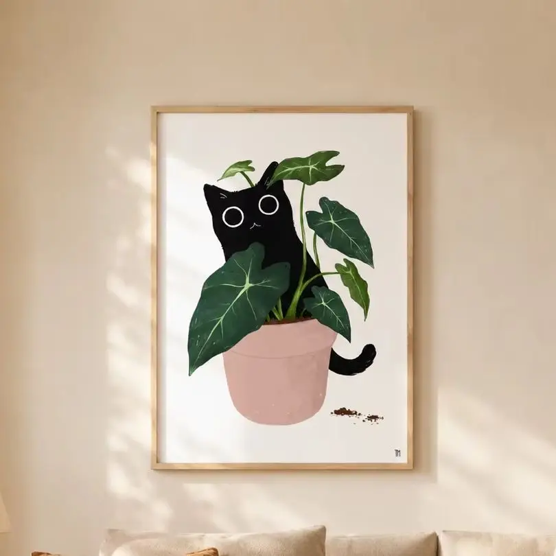 (No frame)Black Cat Plant Art Print: Funny Cat Lover Gift,Canvas Wall Print,High‑Grade Home Decoration Artwork for Bedroom,Li