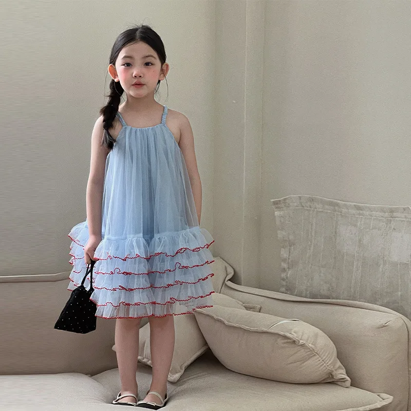 

Girl's Sweet Mesh Puffy Cake Children's Suspender Dress2026Summer Baby Lace Princess Dress