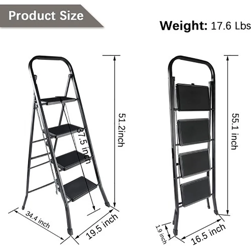 GERICCO Ladder Foldable Multifunctional 4 Step Ladder Non-slip Rubber Handgrip Portable Sturdy Black Steel Stool Ladder for Home