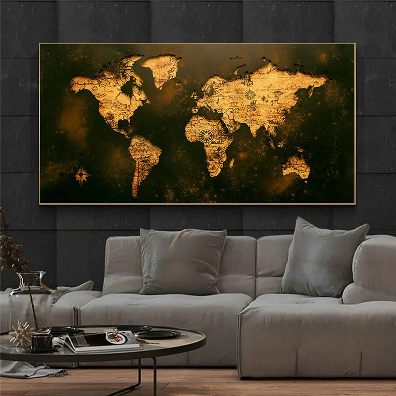 1pc Frameless Black Gold World Map Picture Canvas Painting Modern Classic Style Wall Art Abstract Mural Decor for Cuadros