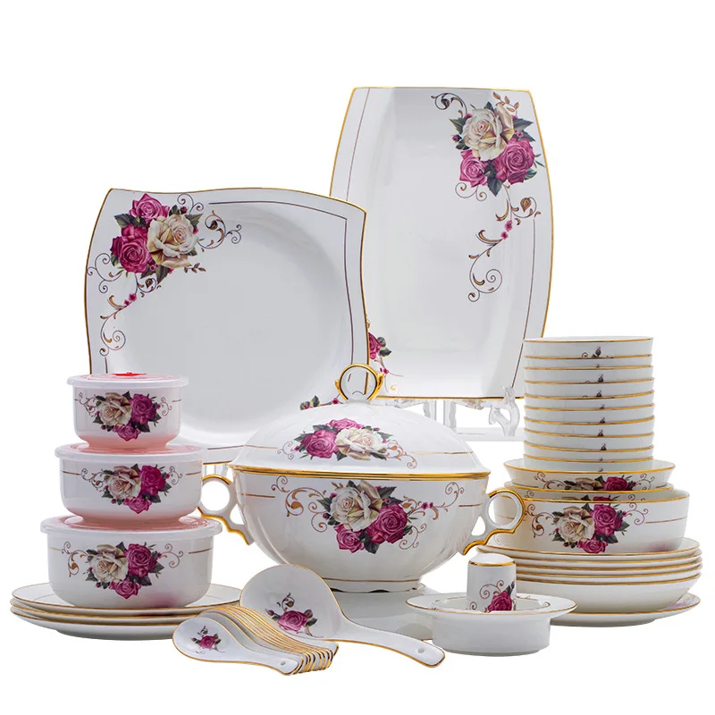 New Chinese tableware, ceramic bowls and spoons set, household Phnom Penh bone china rice bowls and dishes, wedding gifts
