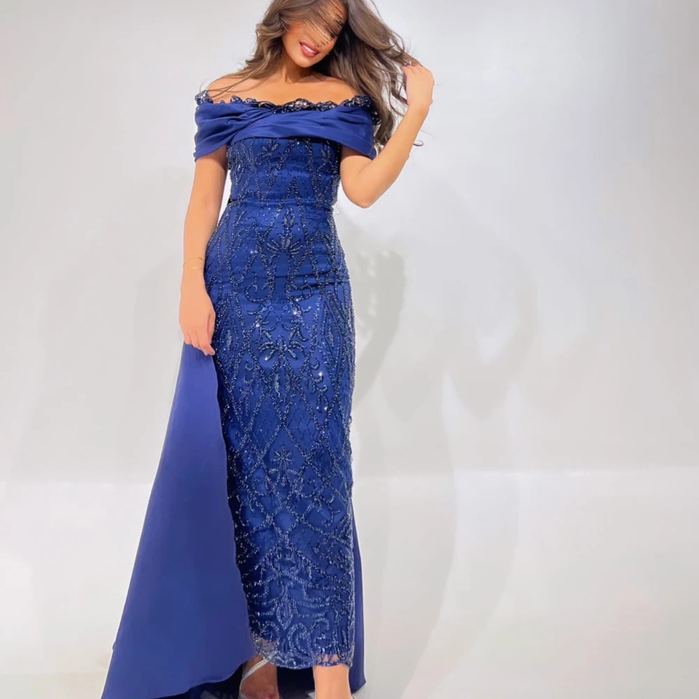 Epoch-vestido de noche con hombros descubiertos para mujer, traje elegante de sirena de Arabia con lentejuelas, largo hasta el suelo, color azul marino, para cóctel y graduación, 2024