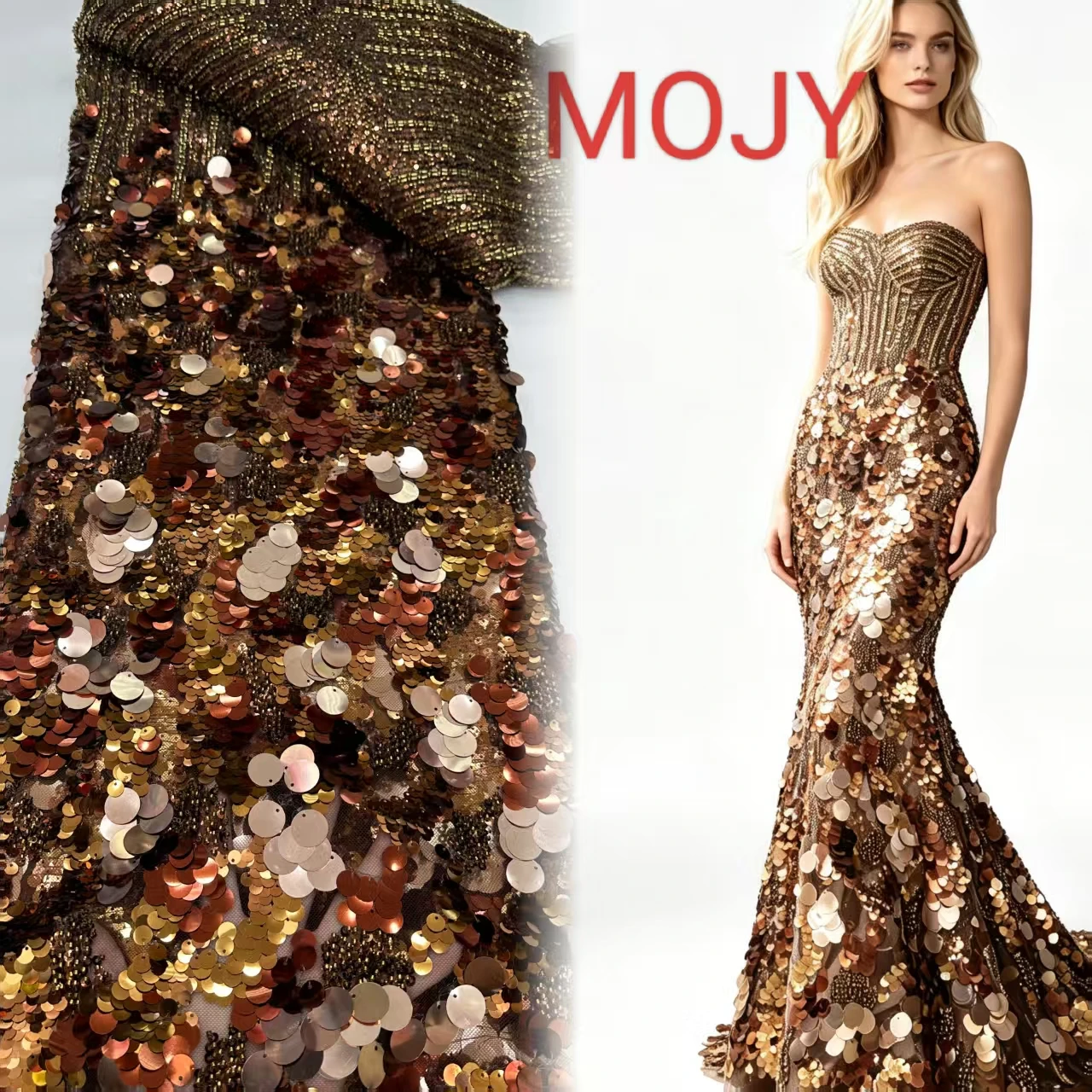 Antique Gold Multi‑Size Sequined Mesh Fabric, Retro Mixed Large Sequin Lace for Formal Occasion Dresses