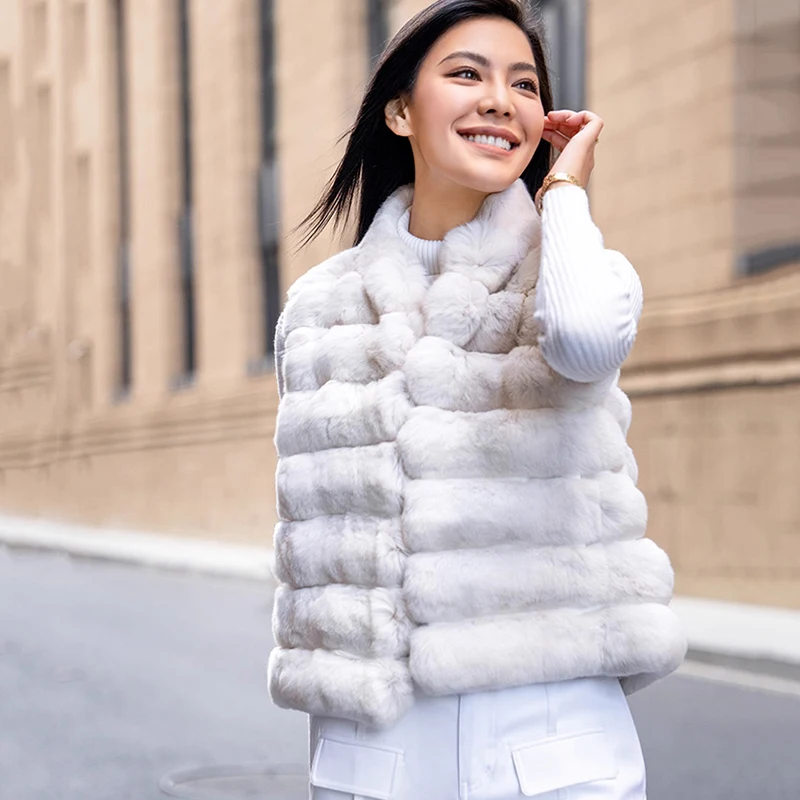 Ftangaiur Zimowy Import Czysta Biel Cyjanowy Niebieski Płaszcz-Kamizelka z Szynszilli Dekolt w Serek Damski Elegancki Krótki Naturalny Kolor Kamizelki z Szynszilli