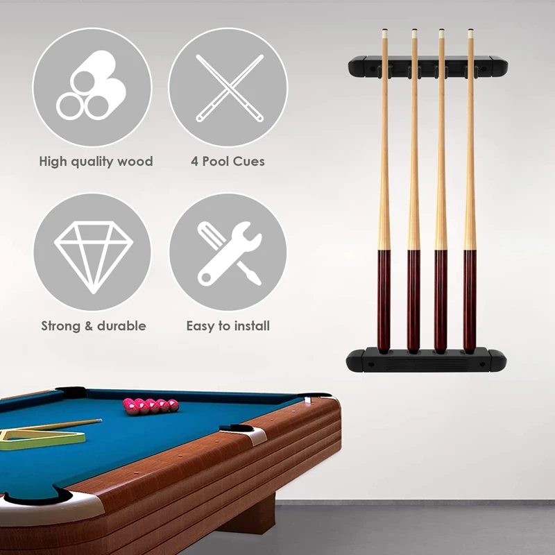 Queue de billard murale en bois dur, 4 trous, T1, 6 clips, support de billard, accessoires de jeu rapide