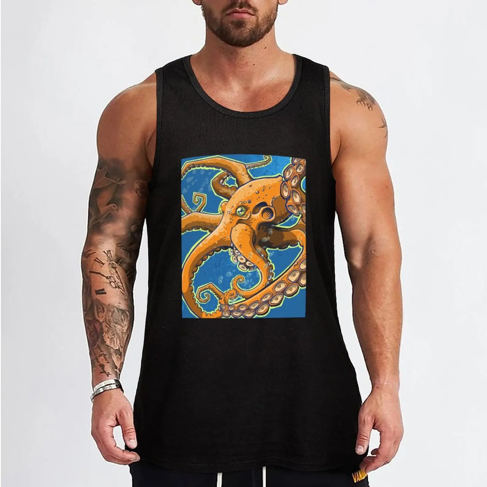 Tangerine Octopus on Blue Background Tank Top Top Men's sleeveless gym shirts