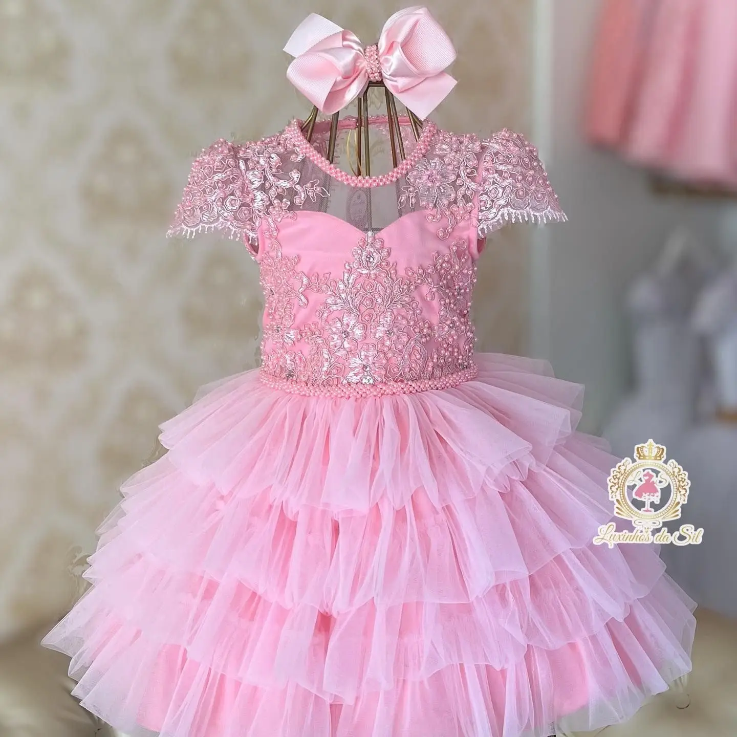 Cute Cake Pink Flower Girls Dresses For Weddings Beads Appliqued Birthday Children Tulle Dress Girl Pageant Gowns