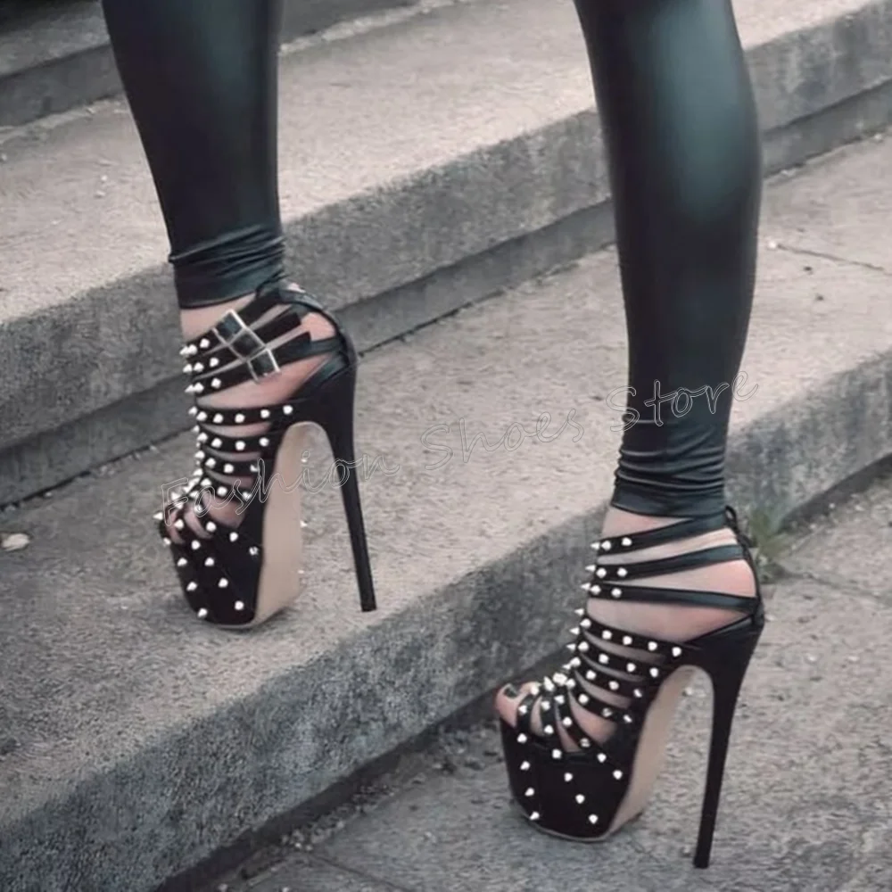 

Black Rivet Decor Platform Sandals Buckle Decor Thin High Heels High Heel Shoes for Women Heels 2025 New Zapatos Para Mujere