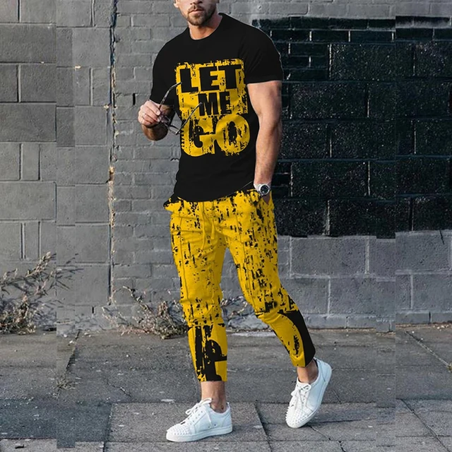 2023 Men\'s Summer Tracksuit 2 Pieces Lattice Printing T-Shirt+Trousers Set Casual Jogging Suit Fashion Male Oversized Streetwear