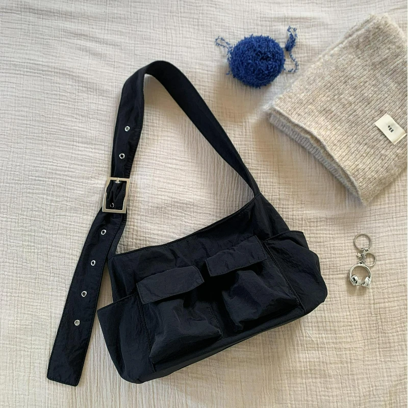 

New Women Texture Crossbody Bags Wide Strap Fashion Nylon Small Square Bag Multi Pocket Casual Simple and Versatile Shoulder Bag