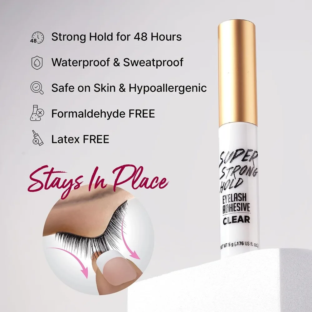 Waterproof Long Lasting Eyelash Glue Super Strong Hold Strip Lash Adhesive Clear Natural Looking Allergy Free Latex Free with Brush Applicator