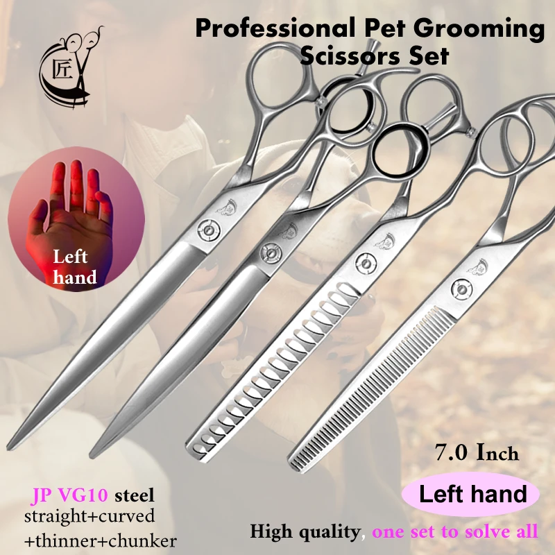 

Crane Left Hand Professional Shears Set VG10 Steel 7 Inch Pet Scissors Kit Dog Grooming Straight Curved Chunker Thinning Cutt