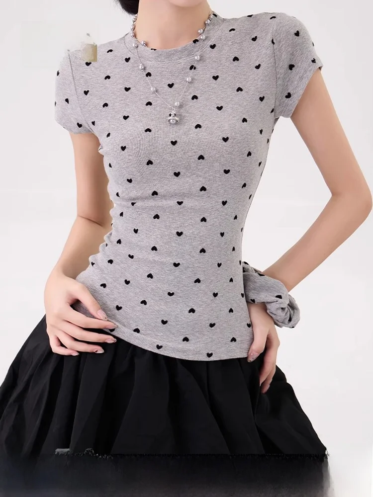 

Summer Grey Polka Dot Women's Slim Fit Short Sleeve T-Shirt with Hair Tie Two Piece Set Commute Style round Neck Regular Length