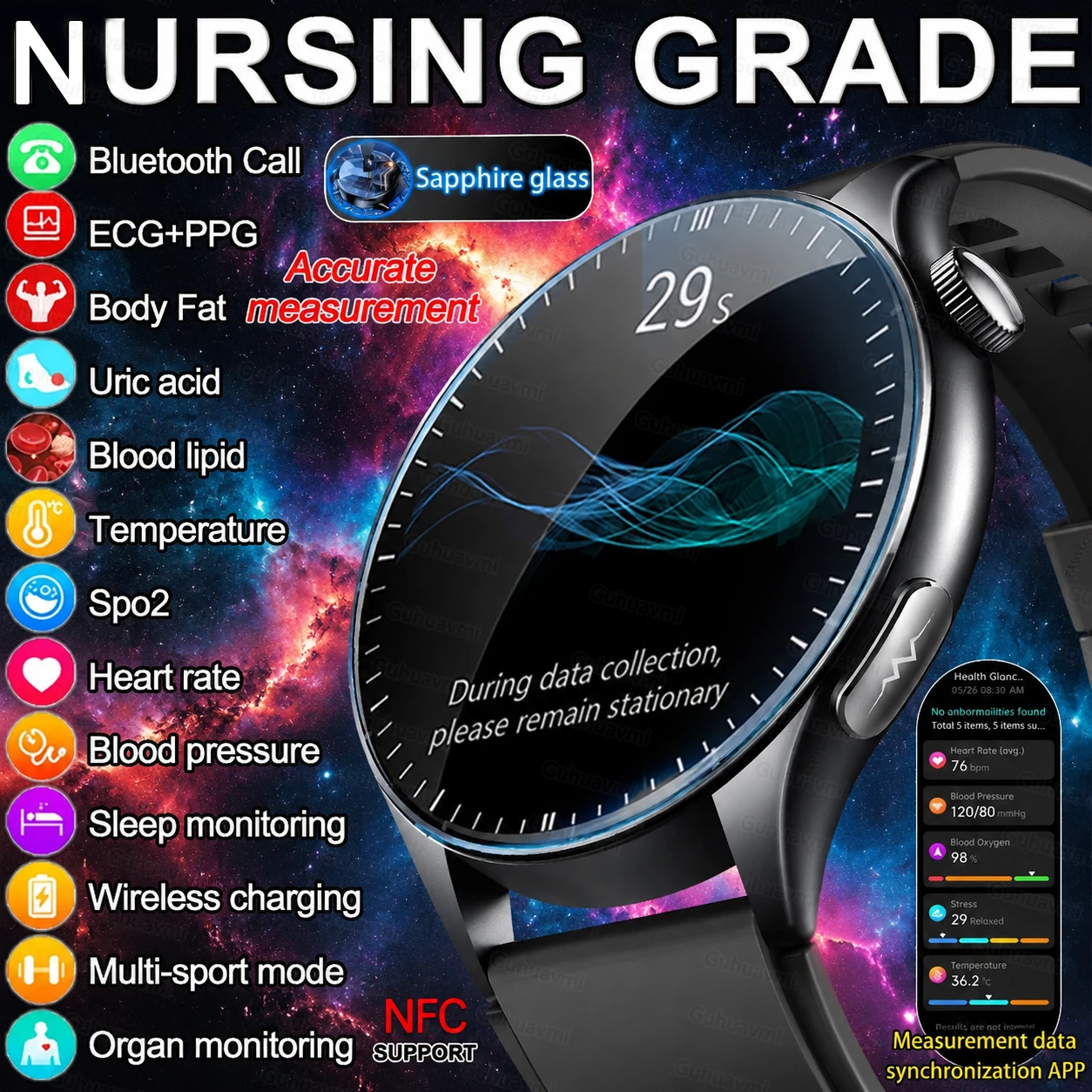 Nouvelle mise à jour de la montre intelligente haut de gamme d'analyse de la santé, écran de saphir, ECG, acide urique, pression artérielle, oxygène sanguin, graisse corporelle, appels haute définition, montre intelligente