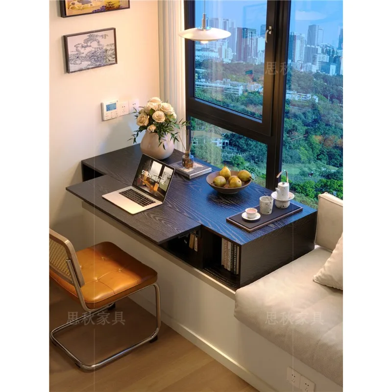 Solid wood bay window desk with cabinet table top liftable computer desk home bedroom storage cabinet writing study desk