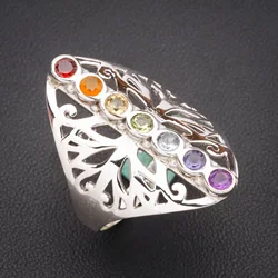 StarGems Natural Garnet,Carnelian,Blue Topaz And Amethyst Tree Chakras Handmade 925 Silver Ring A4598