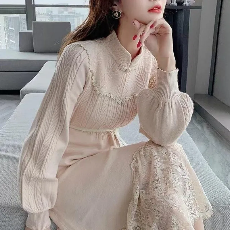 Standing Collar Women\'s 2024 Autumn and Winter New Patchwork Lace Waist Collection Mid Length Sweater Knitted Long Sleeved Dress