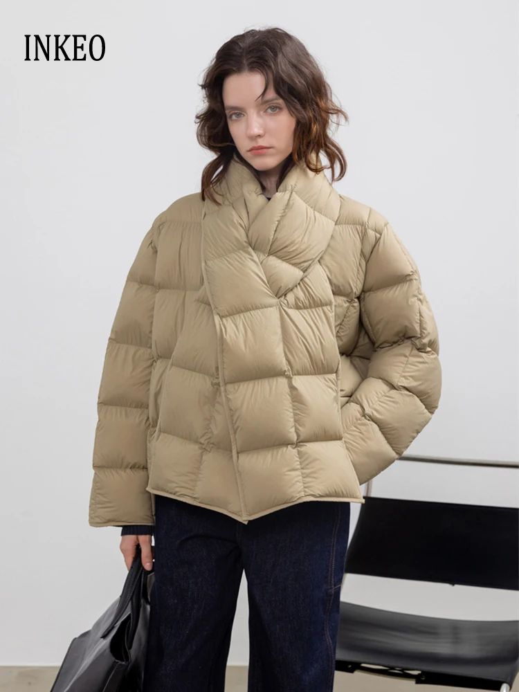 

New design Scarf down jacket for women Oversize Khaki Streetwear O-neck Long sleeve puffer coat Warm 2026 Outwear INKEO DJ649