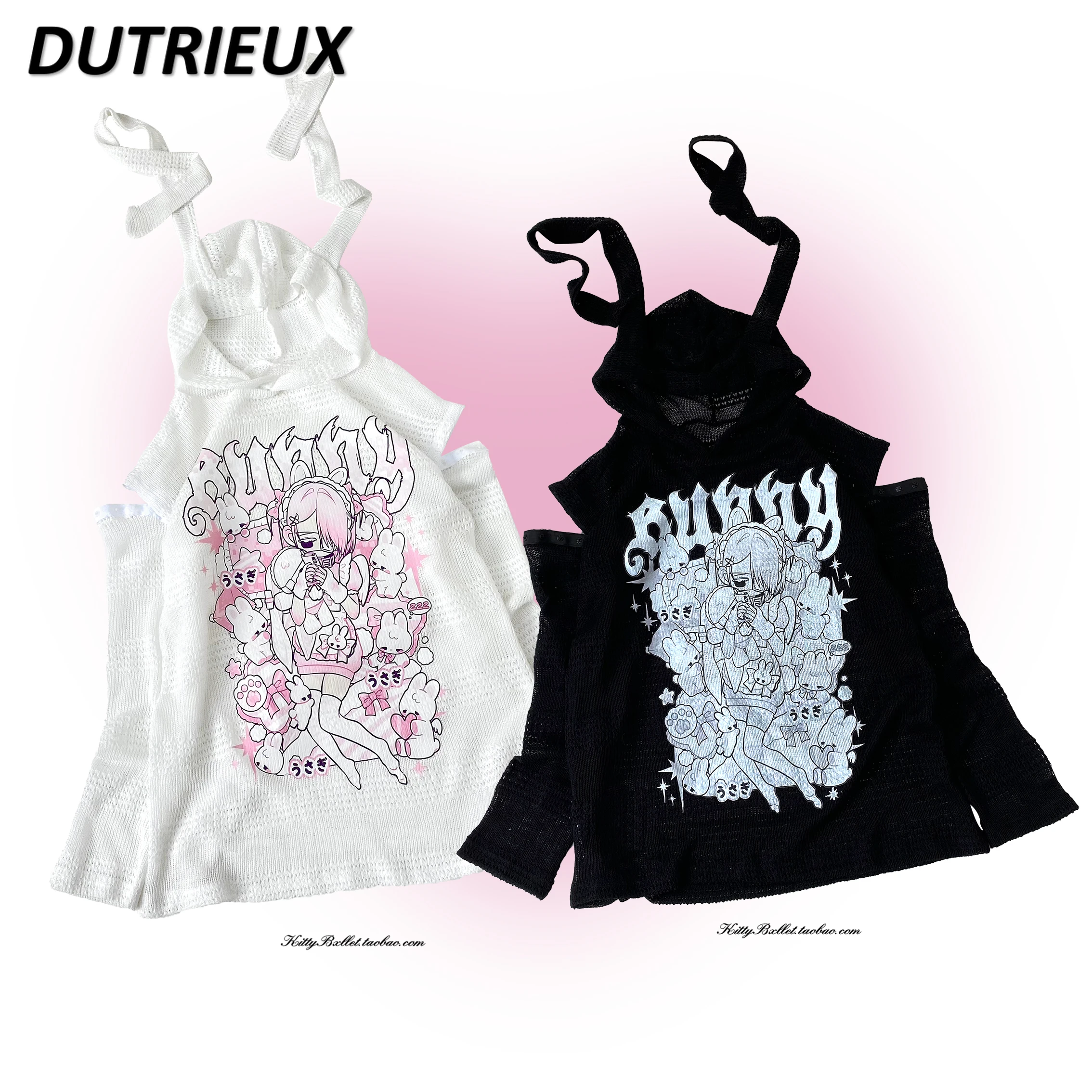 Japanese Style Mine Mass-Produced Knitted Hollow Printed Top Spring Autumn New Sweet Girl Long Sleeve Hooded Outerwear Pullover