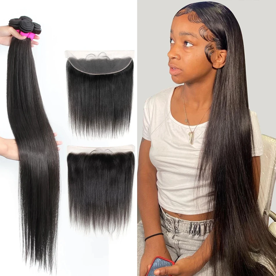 Bot Rechte Bundels Met Frontale 13X4 Hd Kant Met Extensions Brazilian Human Hair Weavings 3 Bundels Met Sluiting Voor Vrouwen