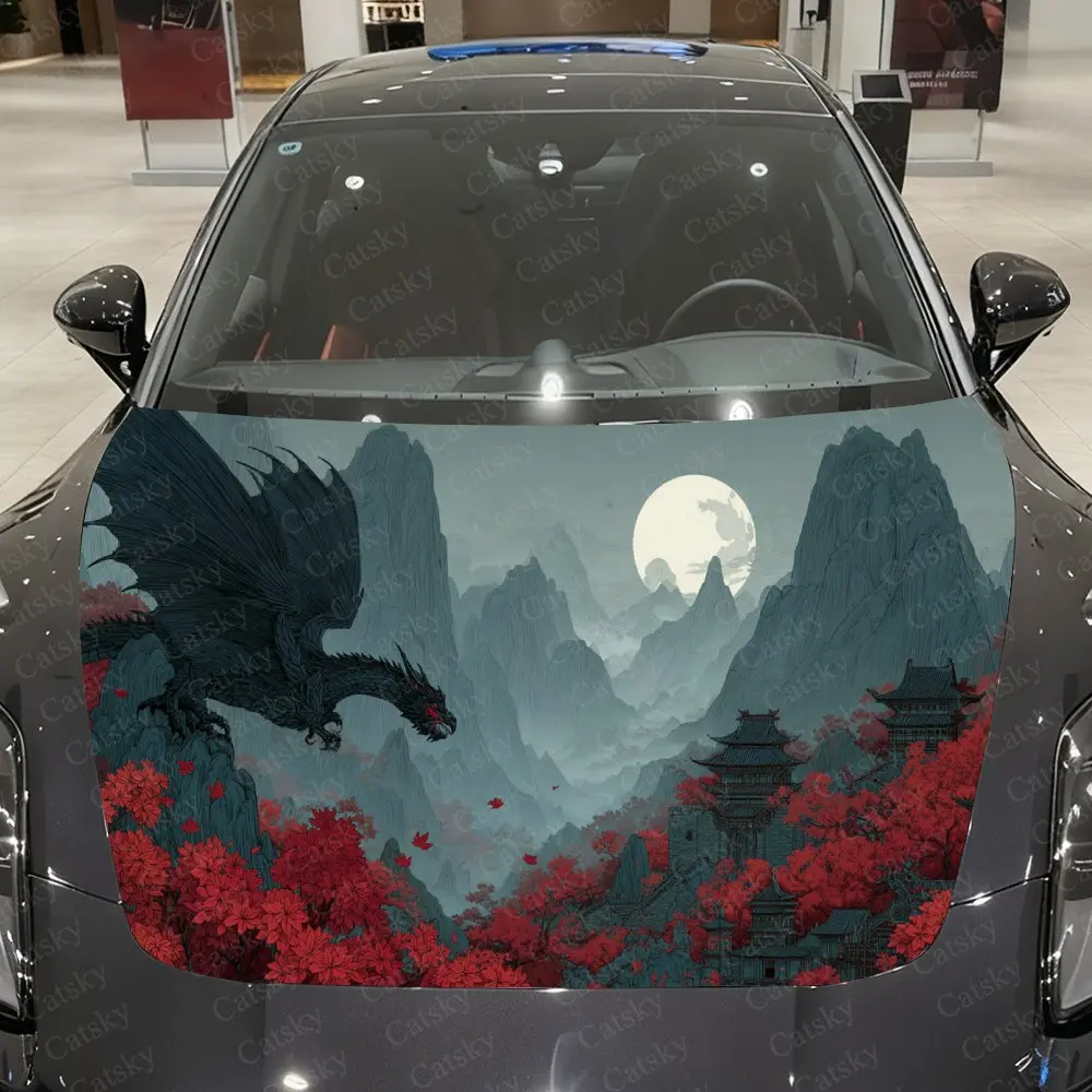 

Mist-Covered Red Maple Dragon Car Vinyl Wrap, PVC Waterproof Car Hood Sticker, Self-Adhesive Scratch-Resistant Stickers