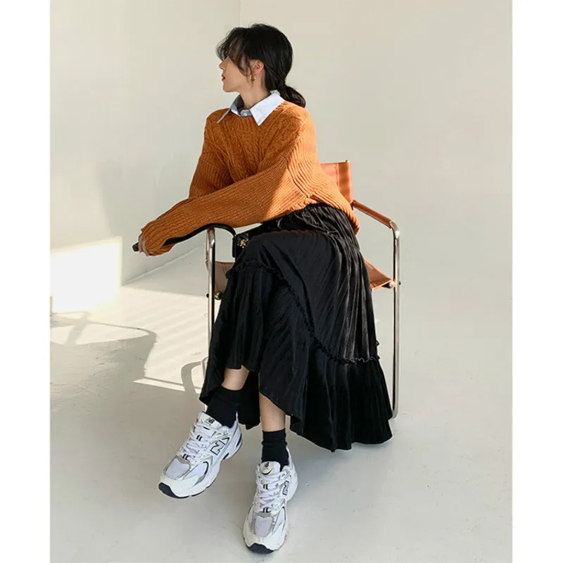 Woman Casual Skirt Isinbobo High Waist Pleat Skirt Women Kpop Short Dress Golden Velvet Y2k Skinny A-line Petticoat Short Dress