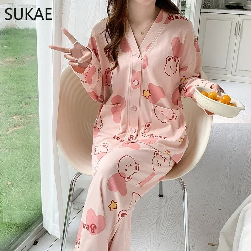 Sukae new kimono women pajamas set faux Cotton Spring Autumn long sleeves Korean sleepwear for girl sleepwear Cadigan homsuits