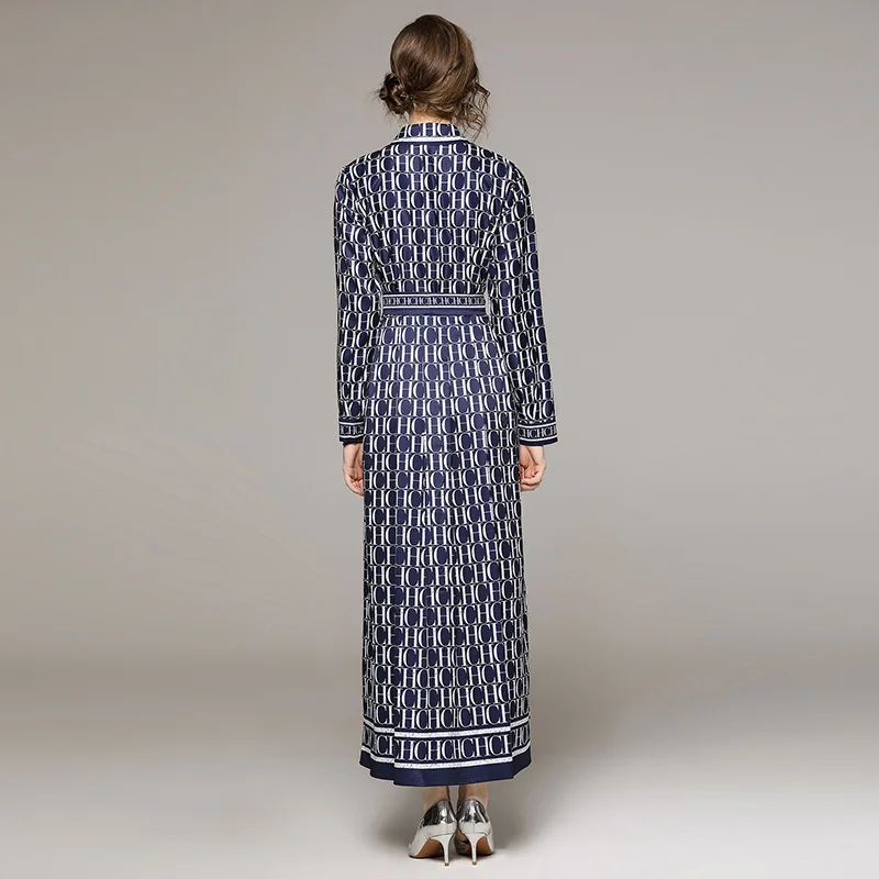 2024 Autumn/Winter New Women's Blue Silk Polo Collar Long Sleeve Dress with Letter Printed Loose Waist and Knee length Skirt