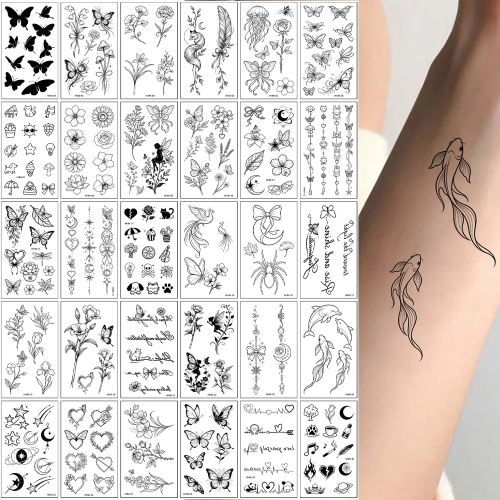30pcs Flower Hand Tattoo Waterproof Butterfly Temporary Tattoos for Women Men Moon Feather Fish Fake Tattoo Body Decoration