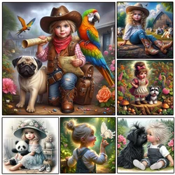 Cute Little Girl Boy DIY Diamond Embroidery  Character Farm Animals Diamond Painting 5D Diamond Mosaic Picture Home Decoration