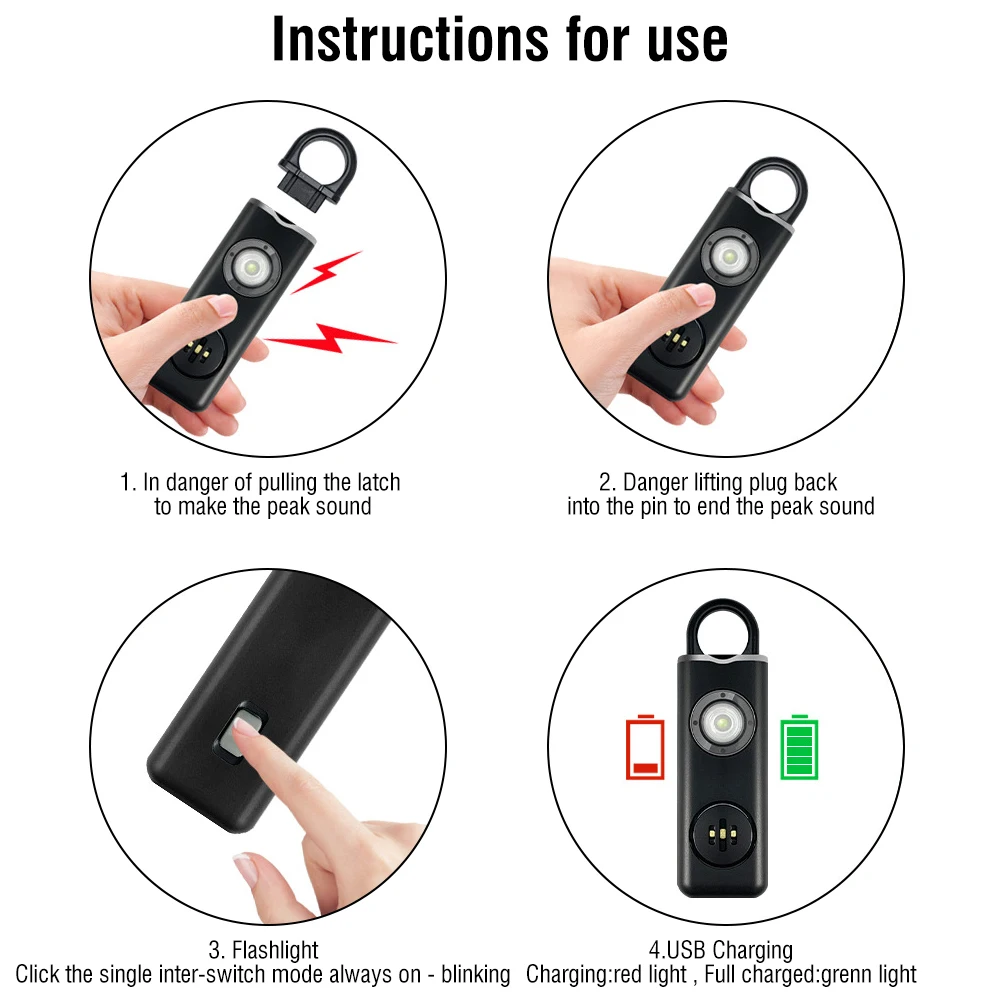 BORUiT LED Flashlight Keychain Self DefenseNoise Alarm Protective Lamp Built-in Battery Type-C Rechargeable Emergency Torch EDC