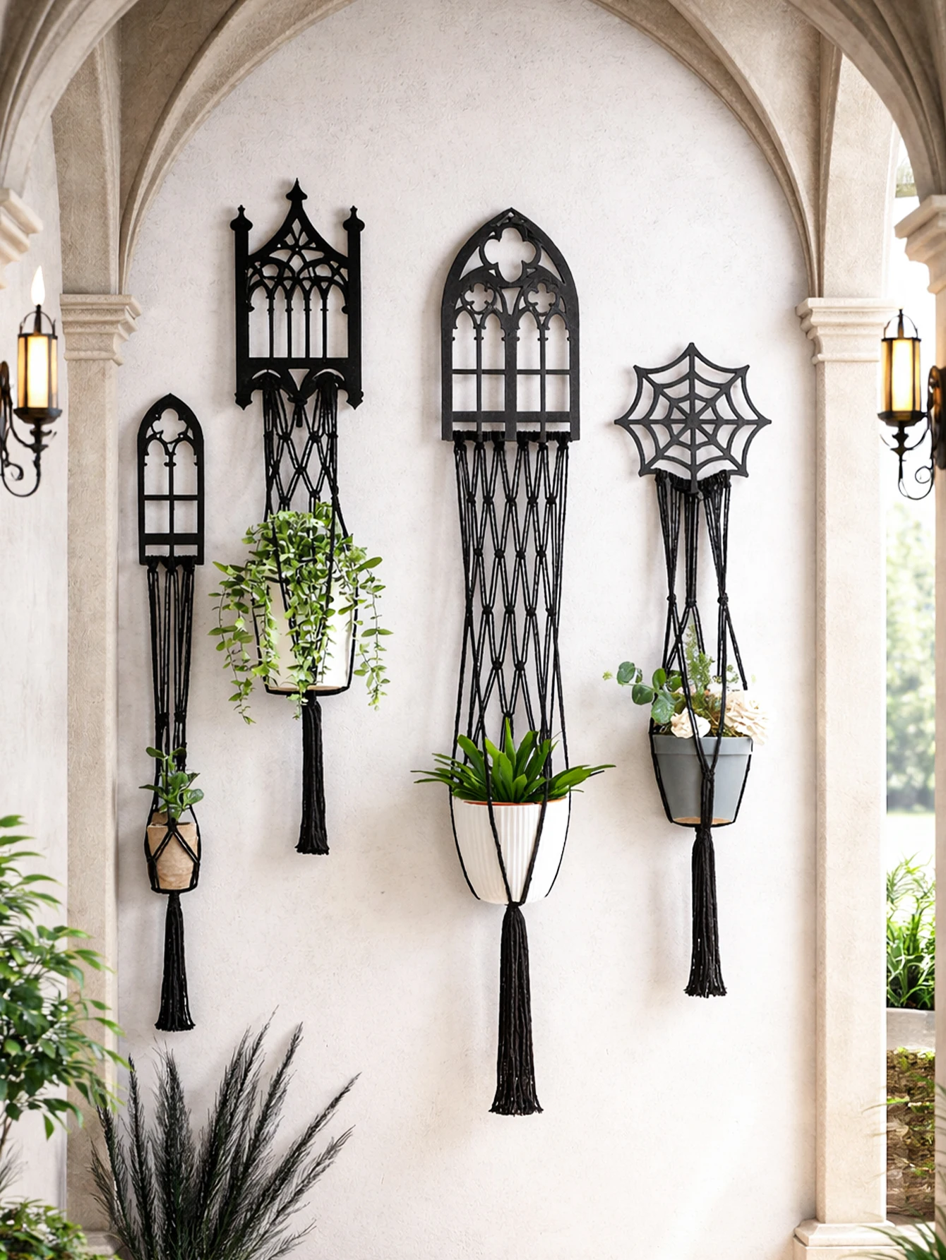 Gothic Macrame Plant Hanger Black Wooden Church Window Spider Web Wall Hanging Planter Holder Home Decor Plant Flower Pot Basket