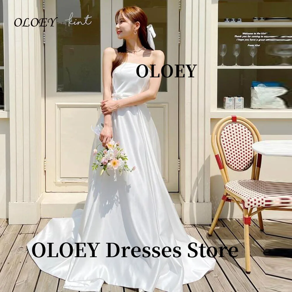

OLOEY Simple Strapless Satin A Line Wedding Dresses Korea Photo shoot Floor Length Bridal Gowns Corset/Zip Back Customized