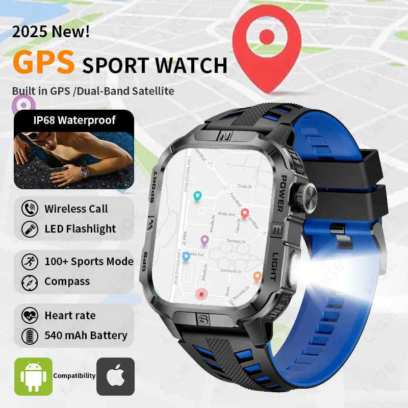 

LIGE GPS Smart Watch 2025 New IP68 Waterproof Flashlight Compass Bluetooth Call 2.01"HD Screen Outdoor Sports Smartwatch for Men