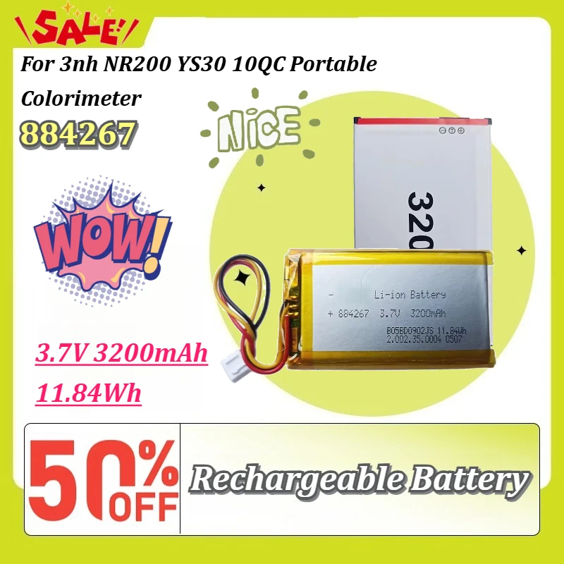 New 884267 3.7V 3200mAh 11.84Wh Rechargeable Li-ion Replacement Battery Pack For 3nh NR200 YS30 10QC Portable Colorimeter
