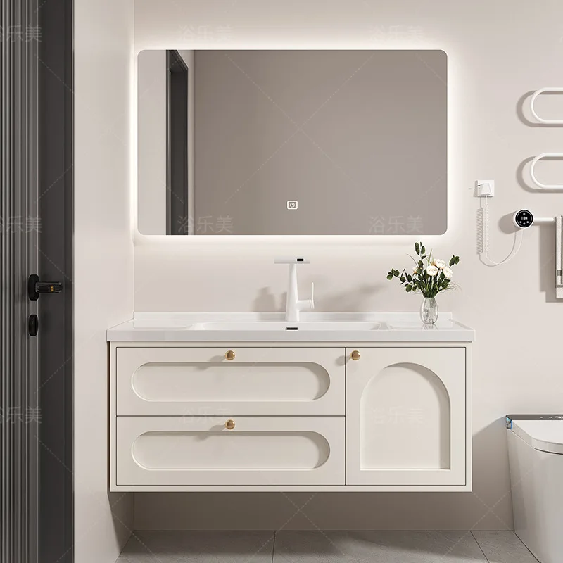 Mueble de baño de viento crema, combinación de lavabo integrado de cerámica, lavabo