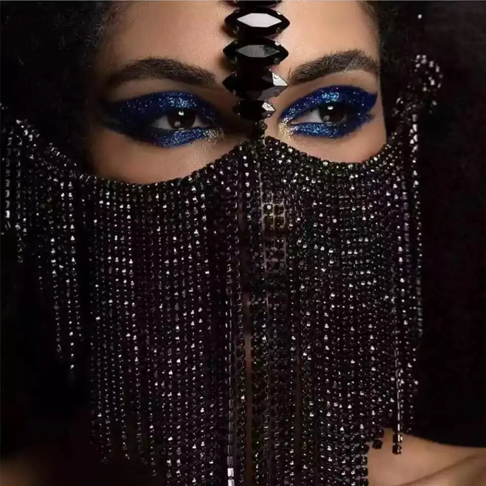 Fashion Sexy Rhinestone Tassel Veil Masks for Women Face Curtain Face Mask Masquerade Dance Party Charming Accessories Jewelry