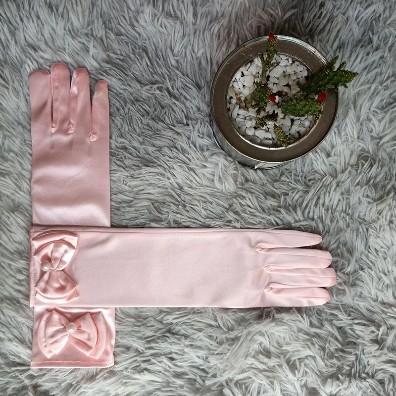 

29cm Long Gloves Children Gloves Satin Double Layer Bow Pearl Full Finger Mittens Princess Dance Stage Gloves Costume Accessory