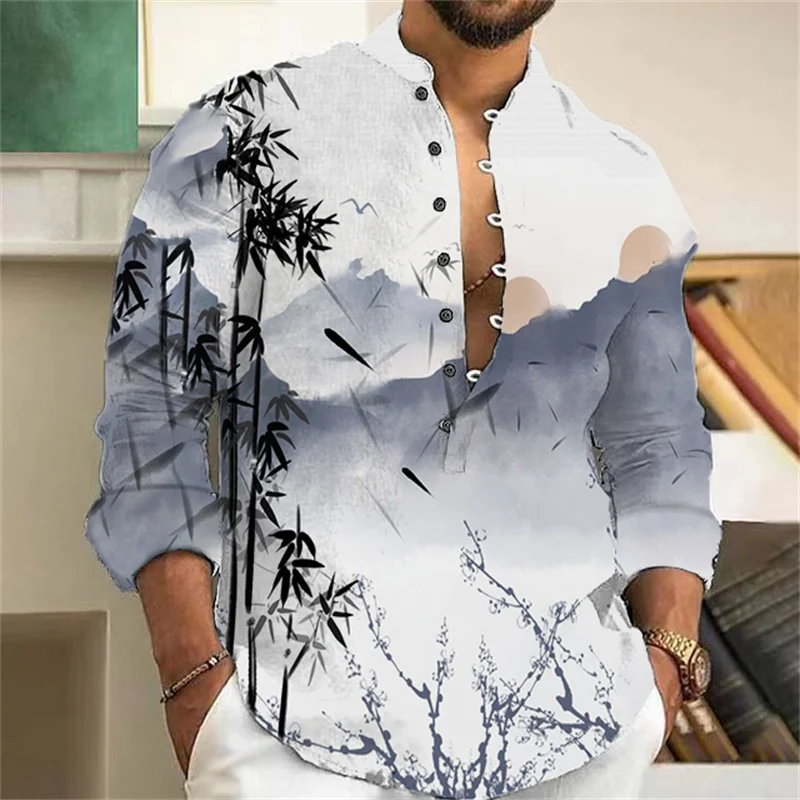 Camisa de mezcla de lino para hombre, camisa informal de manga larga con patrón impreso en 3D