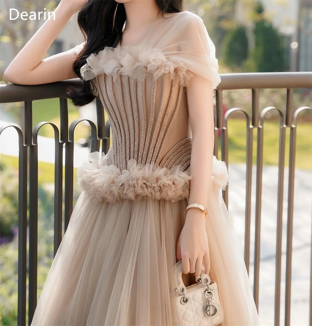 Customized Saudi Arabia Dearin Off-the-shoulder A-line Tea Length Skirts Draped Tulle Layered Bespoke Occasion Dresses Formal Dr