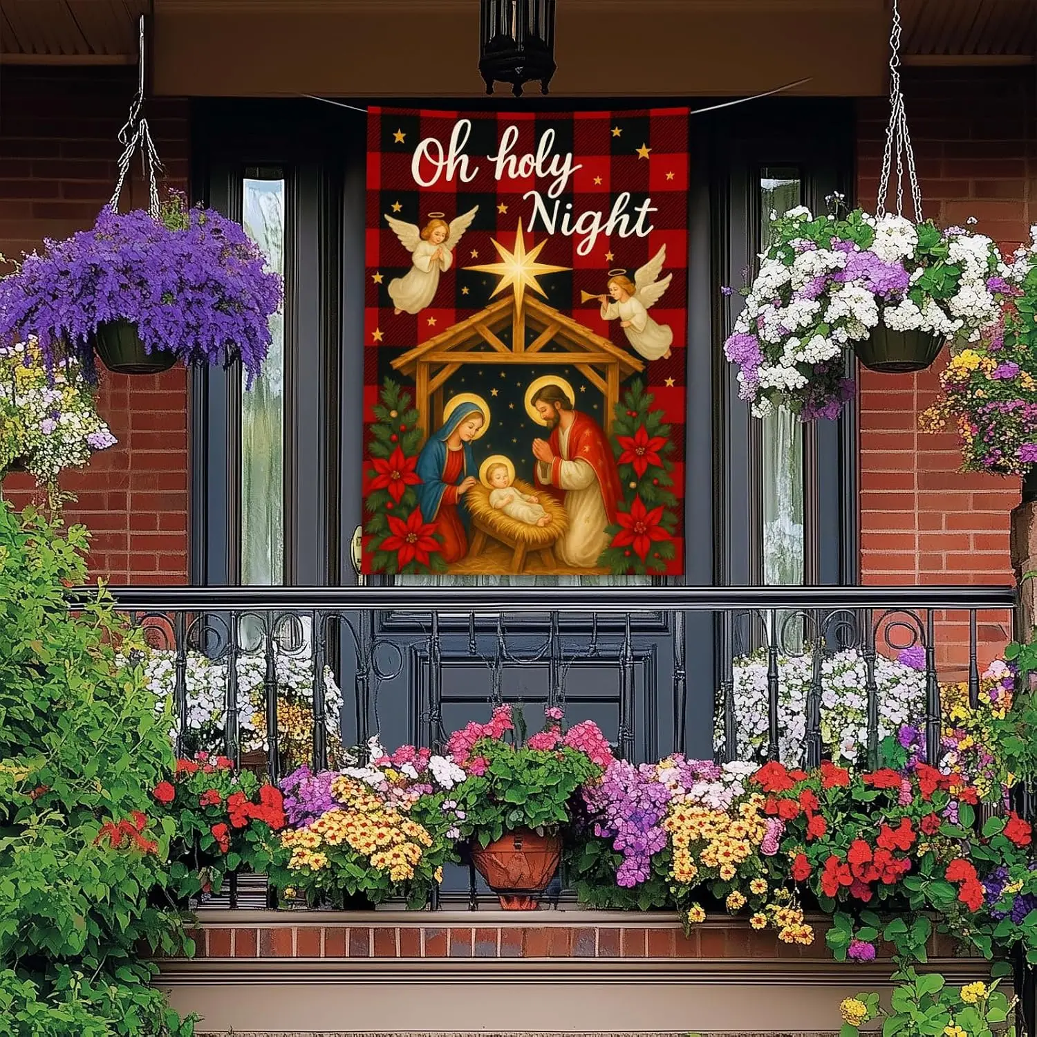 Oh Holy Night Nativity Scene House Flag Red Black Plaid 28 x 40 Inch Double Sided Christmas Winter Holiday Garden Flags