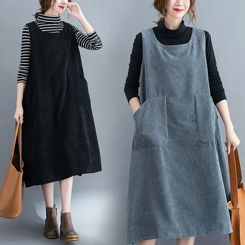 Autumn Winter Black Gray Brown Corduroy Dress Sleeveless Tank Top A-line Dress Women Front Pockets Vintage Midi Vestidos