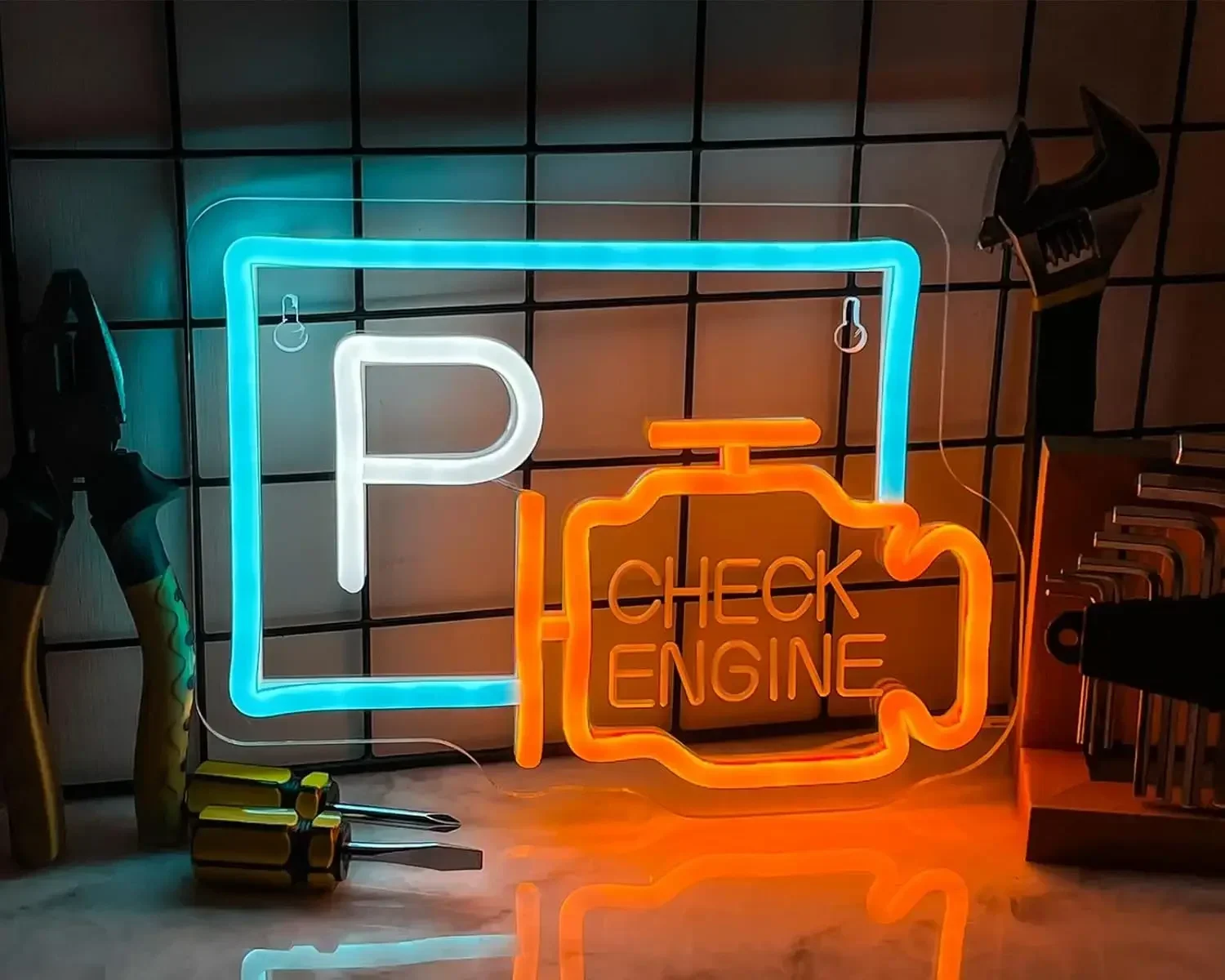 Check Engine P Letter Neon Sign  LED Wall Art Orange Blue Acrylic USB Powered Dimmable Light Garage Workshop Auto Shop Decor
