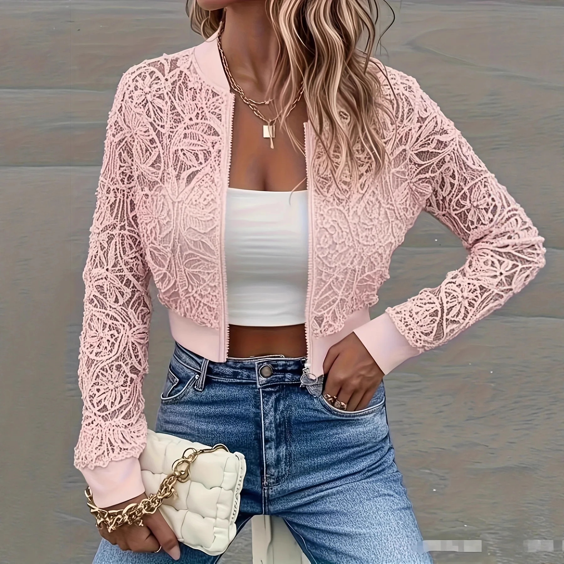 2025 Spring and Autumn New European and American Style White Lace Zipper Short Jacket Fashion Hollow Slim Cardigan Top