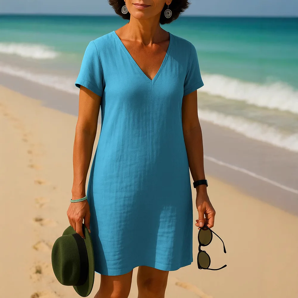 Summer Dress Woman V Neck Short Sleeve Solid Color Flowy Beach Midi Dress Vintage Boho Casual Cotton Linen Dress
