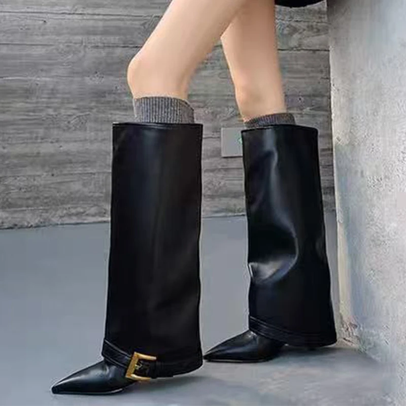 

Knee High Boots Women Pointed Toe Shoes High Heels Long Boots 2025 New Party Shoes Winter Chelsea Boots Buckle Pumps Mujer Botas